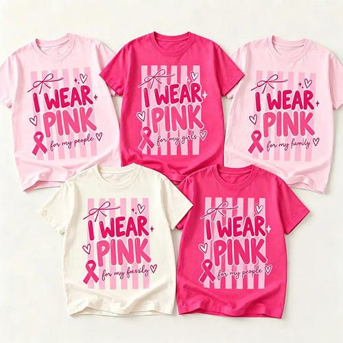 Personalized I Wear Pink For My People Striped Pink Ribbon Teacher T-Shirt