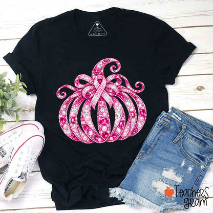 Faux Rhinestone Pumpkin Ribbon Teacher T-Shirt