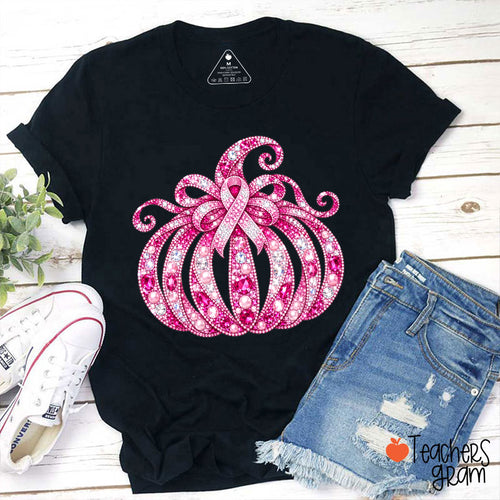 Faux Rhinestone Pumpkin Ribbon Teacher T-Shirt