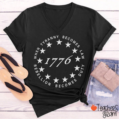 When Tyranny Becomes Law Rebellion Becomes Duty Teacher Female V-Neck T-Shirt