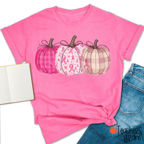 Pink Ribbon Pumpkin Breast Cancer Awareness Teacher T-Shirt