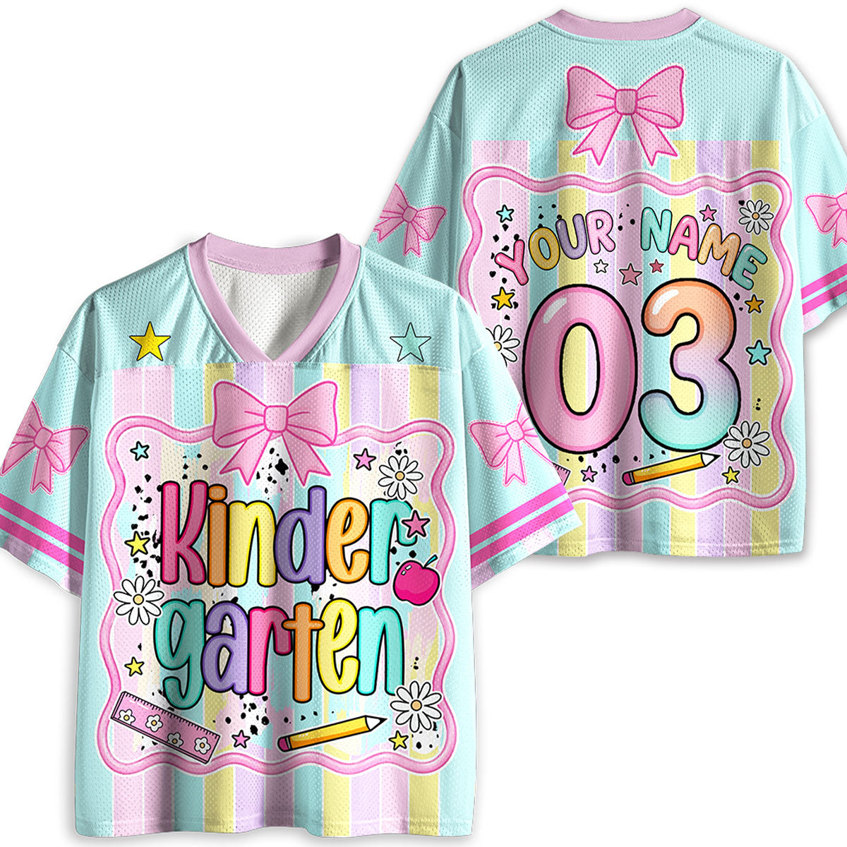 Personalized Grade And Name Coquette Bow Coloful Stripes Teacher Mesh Jersey